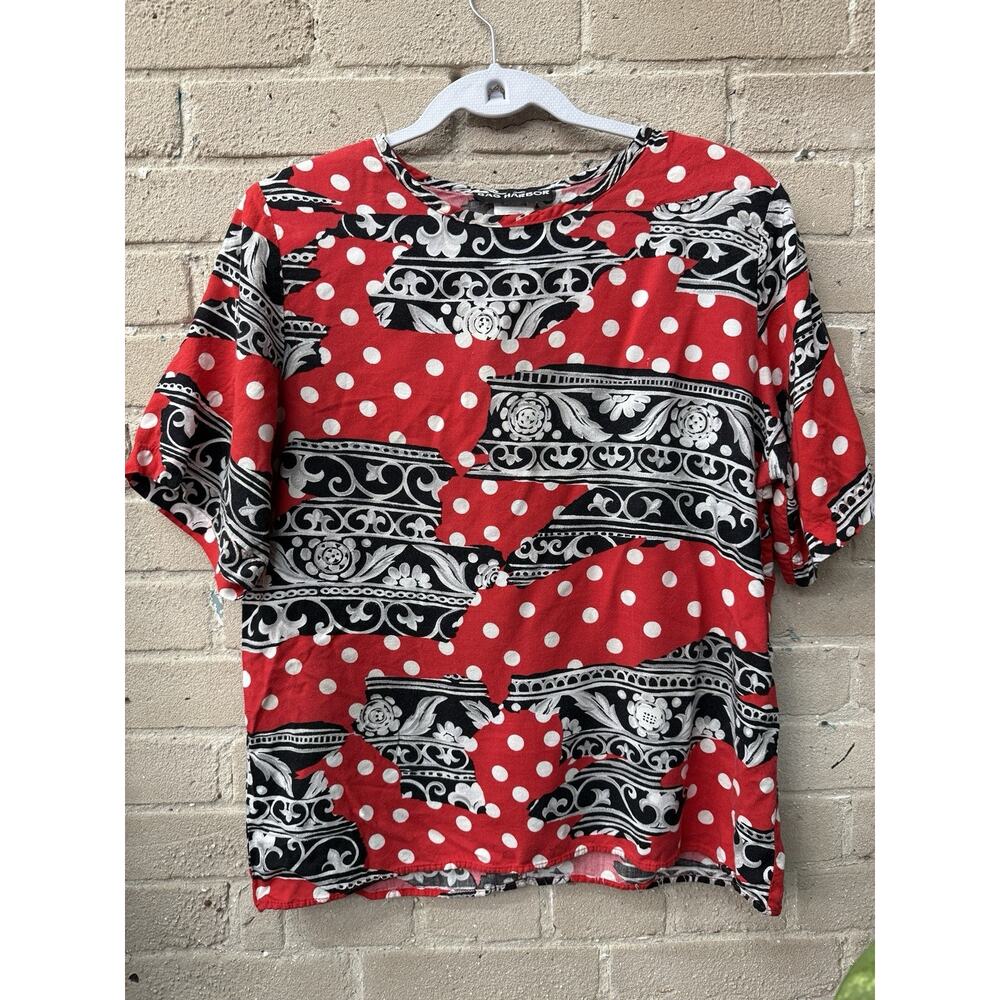 Vintage 80s 90s Sag Harbor Red Polka Dot Blouse Geometric Scoop Secretary